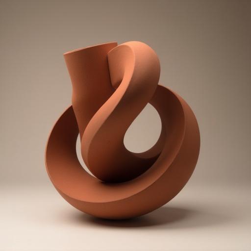 Una scultura in ceramica astratta con forme organiche che si contorcono, dalla finitura opaca e colore terra bruciata.