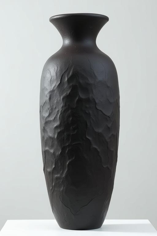 Un grande vaso scuro e imponente con texture ruvida che ricorda la roccia lavica del Vesuvio, in un ambiente minimalista.